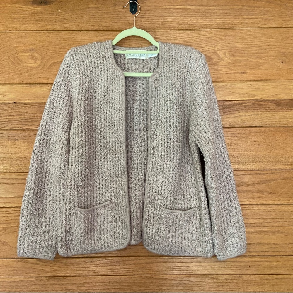 Vintage 80s Sideffects tan acrylic nubby knit open front cardigan